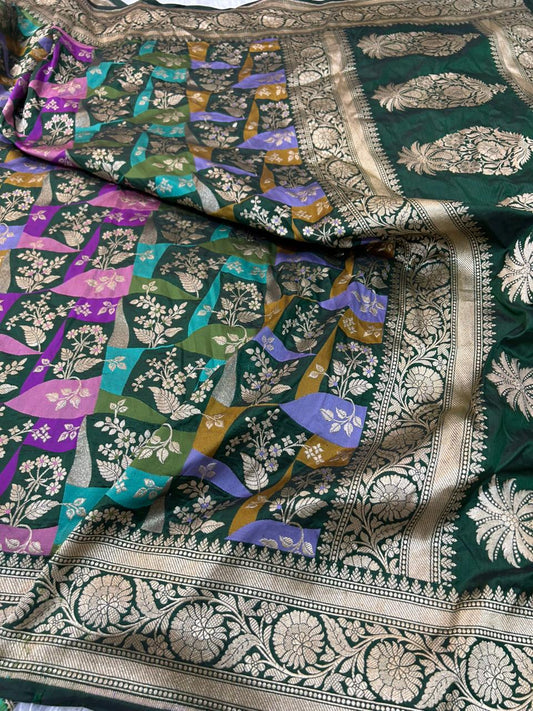 The Mosaic Royalty: Handwoven Katan Silk Rangkat Saree with Ornate Floral Paisley Pallu