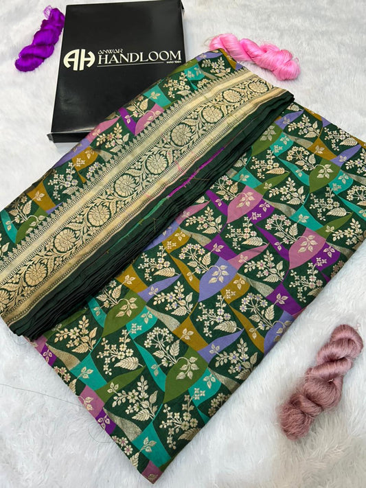 The Mosaic Royalty: Handwoven Katan Silk Rangkat Saree with Ornate Floral Paisley Pallu