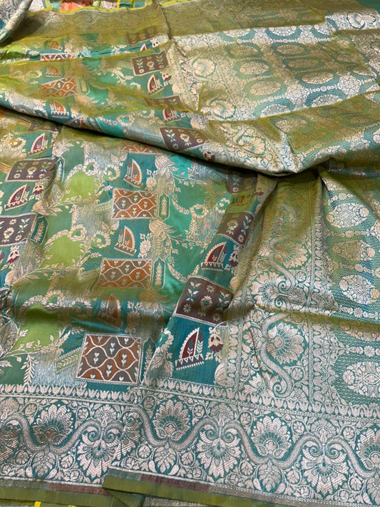 Exclusive Multi-Tone Green Banarasi Handloom Saree with Meenakari Patches and Dense Zari Pallu