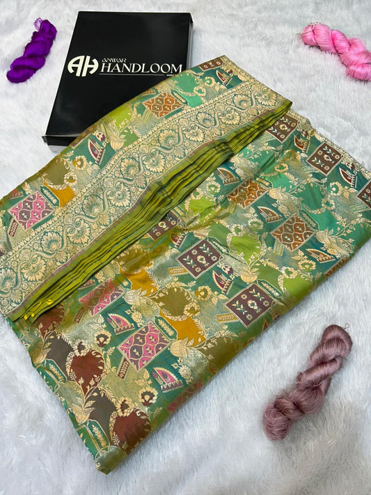 Exclusive Multi-Tone Green Banarasi Handloom Saree with Meenakari Patches and Dense Zari Pallu