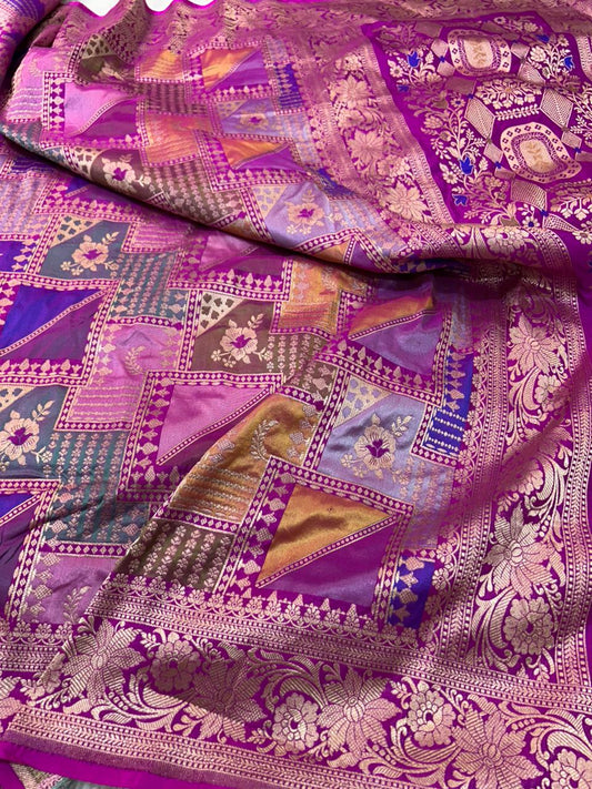 Exquisite Magenta & Lavender Handloom Banarasi Silk Saree with Ornate Gold Zari Pallu