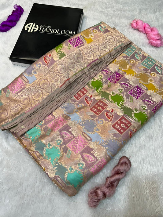 Exclusive Soft Mauve & Mint Green Banarasi Silk Rangkat Saree with Dense Antique Zari Pallu