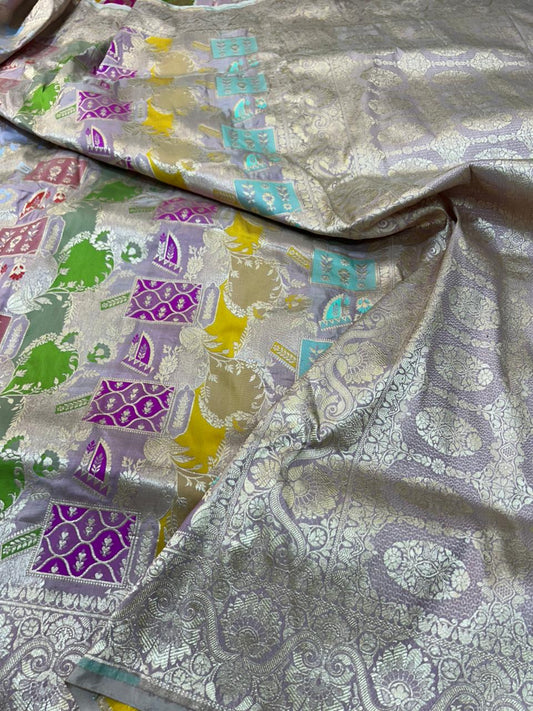Exclusive Soft Mauve & Mint Green Banarasi Silk Rangkat Saree with Dense Antique Zari Pallu