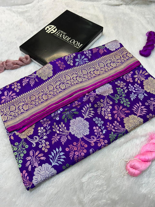 Jamuni Violet Banarasi Handloom Katan Silk Saree | Heavy Kadua Floral Bouquet Design