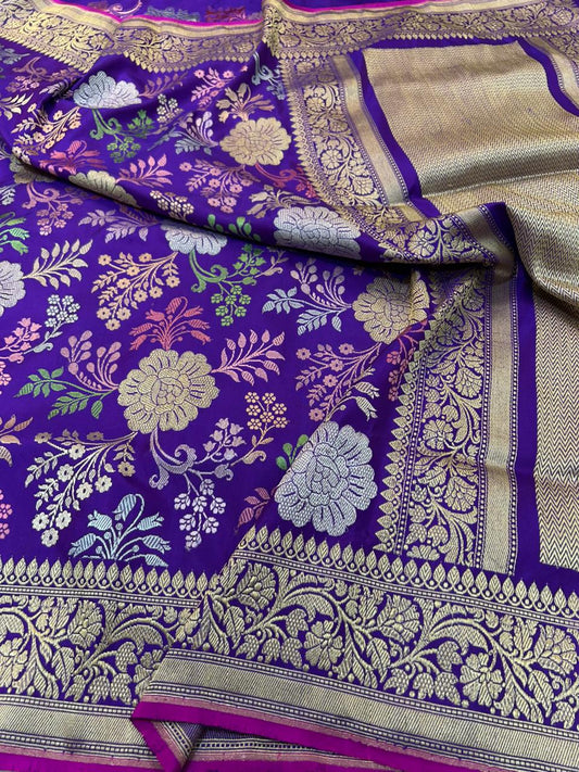 Jamuni Violet Banarasi Handloom Katan Silk Saree | Heavy Kadua Floral Bouquet Design