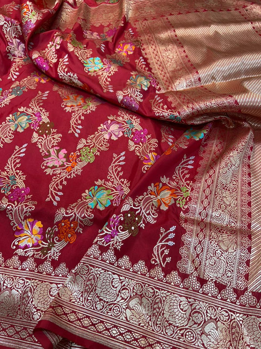 Heritage Crimson Banarasi Handloom Silk Saree | Intricate Meenakari Floral Vines & Zari Pallu