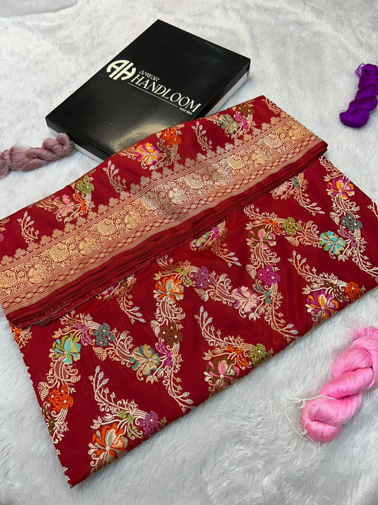 Heritage Crimson Banarasi Handloom Silk Saree | Intricate Meenakari Floral Vines & Zari Pallu