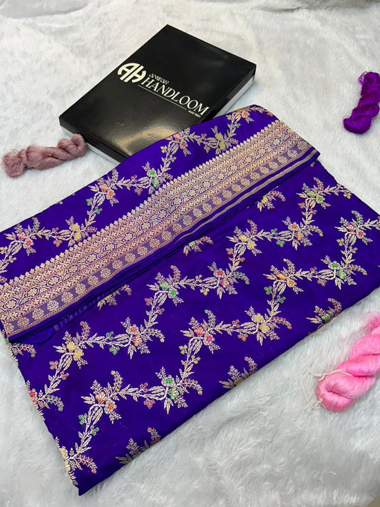 Electric Purple Banarasi Katan Silk Saree | Handwoven Kadua Jaal & Meenakari Pallu