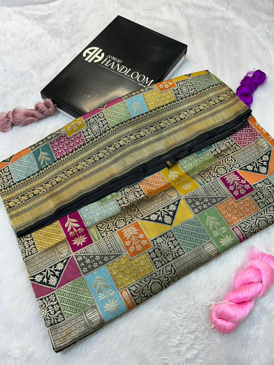 heritage timeless Black Banarasi Handloom Katan Silk  Kimkhab Saree