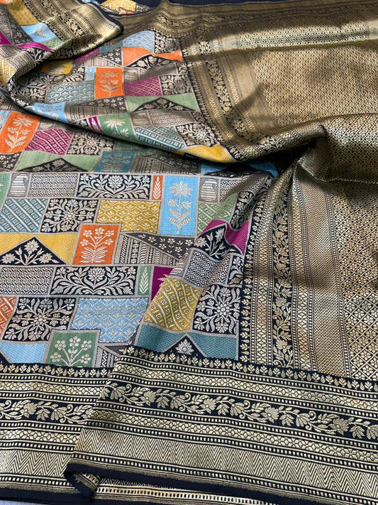 heritage timeless Black Banarasi Handloom Katan Silk  Kimkhab Saree