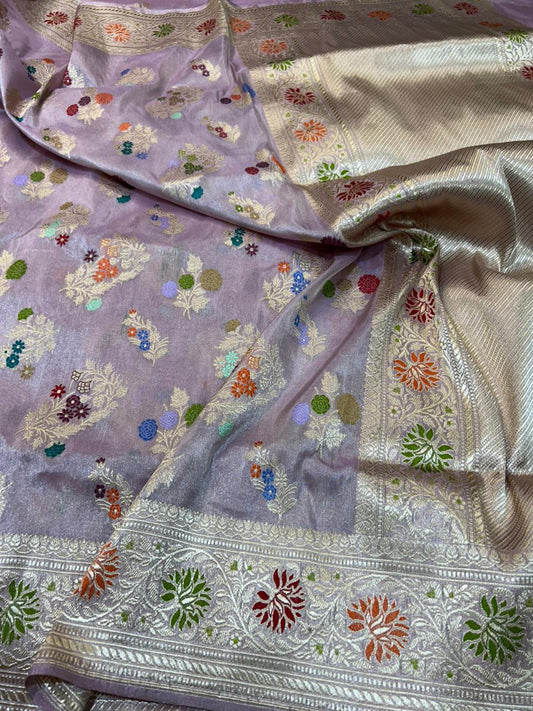 Luminous Mauve Banarasi Tissue Silk Saree in Authentic Handloom Kadwa & Meenakari Weave