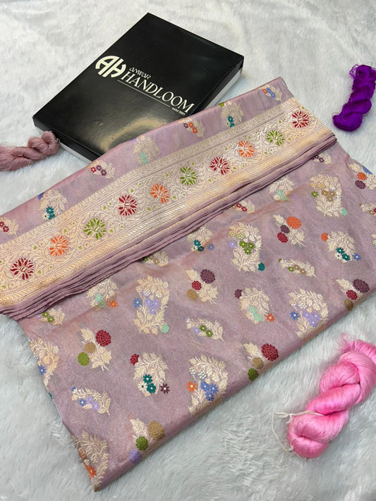 Luminous Mauve Banarasi Tissue Silk Saree in Authentic Handloom Kadwa & Meenakari Weave