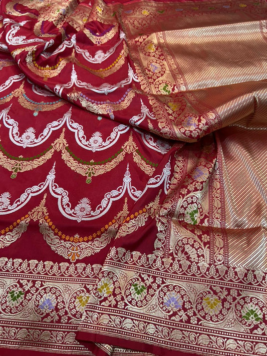 Crimson Red Handloom Banarasi Sona Rupa Jhumar Saree