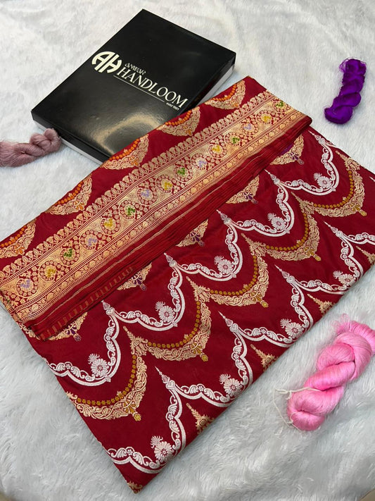 Crimson Red Handloom Banarasi Sona Rupa Jhumar Saree